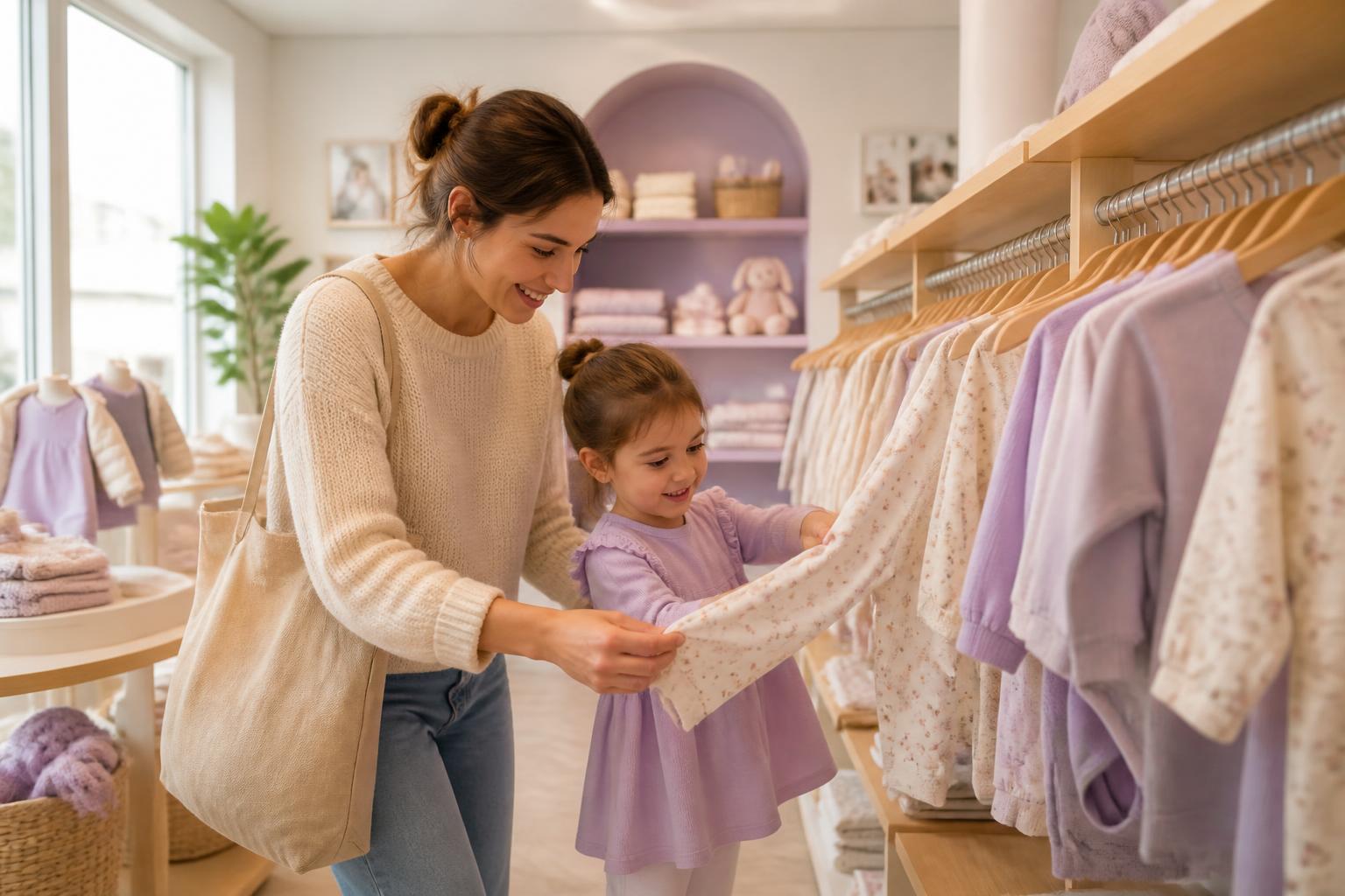 A parent and child browsing children's clothing in a bright store