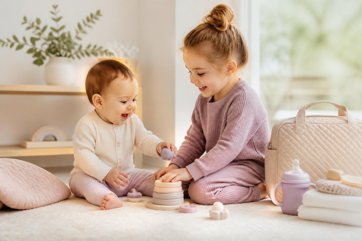 Two young children playing with soft baby products in a bright, welcoming room